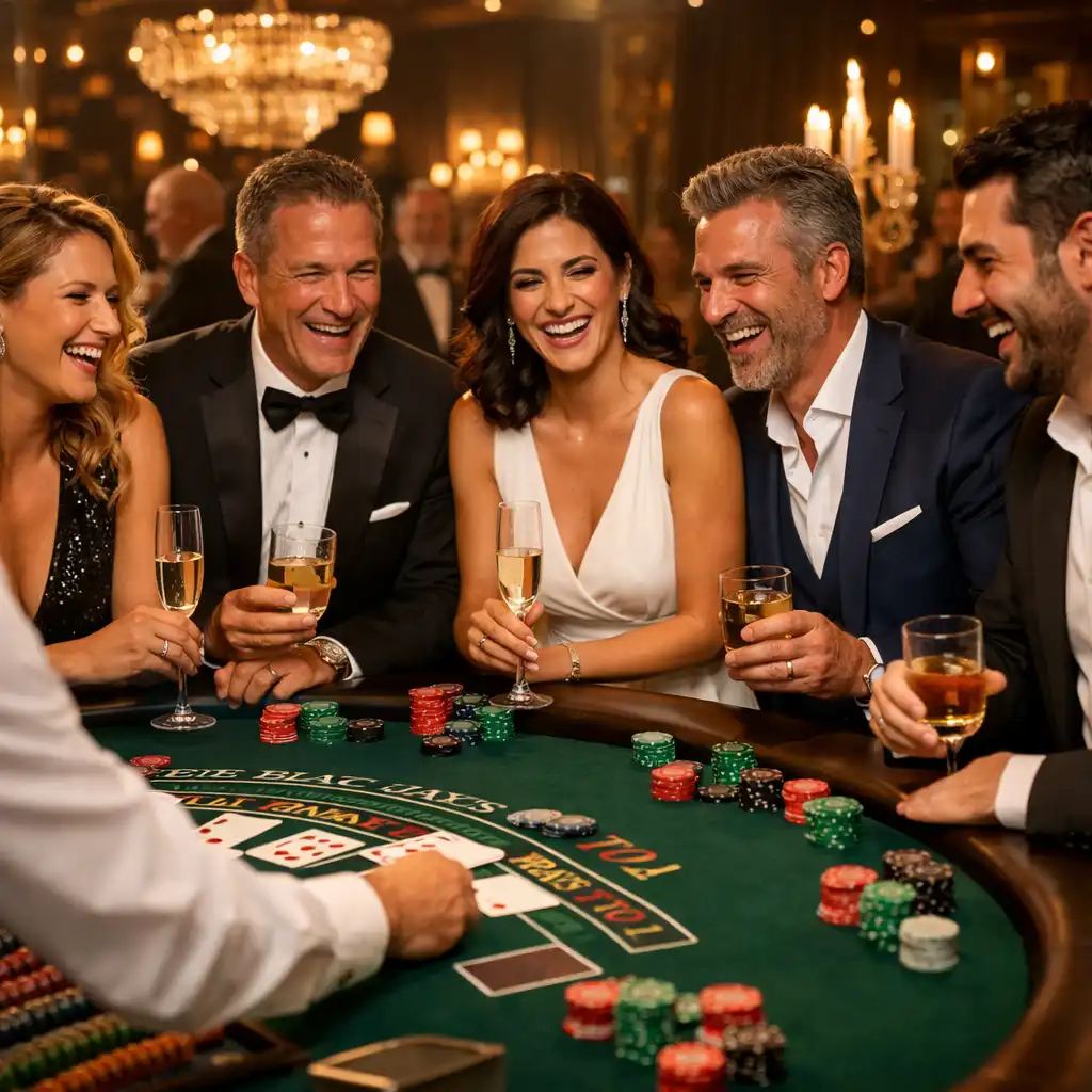 Soirée d'entreprise autour d'une table de blackjack avec des invités souriants et un croupier professionnel
