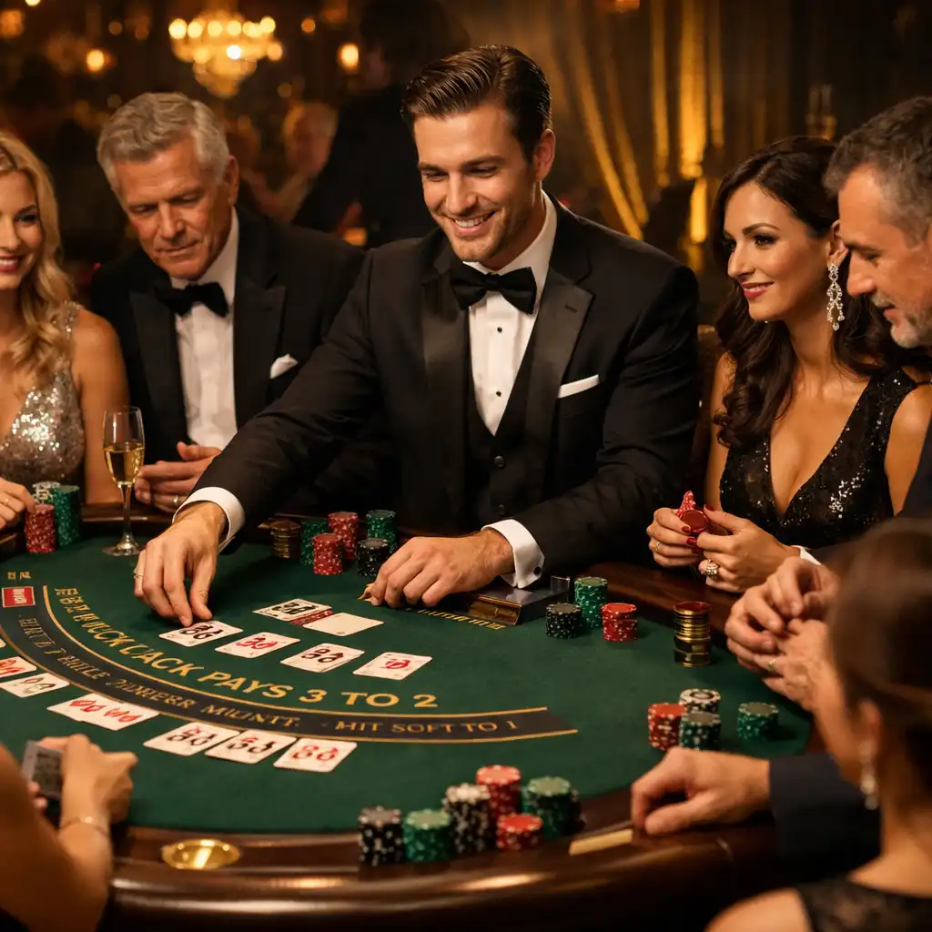 Table de blackjack événementielle élégante avec croupier professionnel lors d'une soirée Atelier Civique