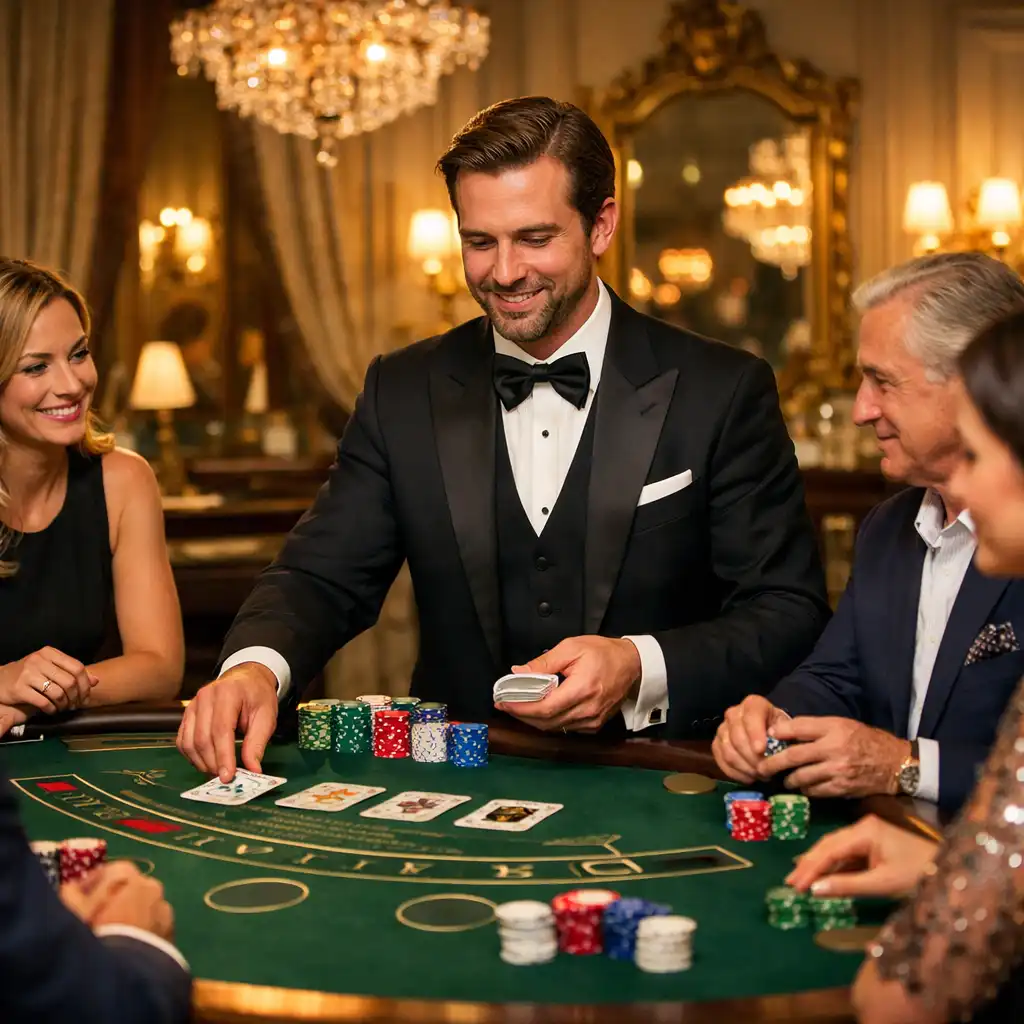 Croupier professionnel animant une table de jeu lors d’une soirée casino privée Atelier Civique