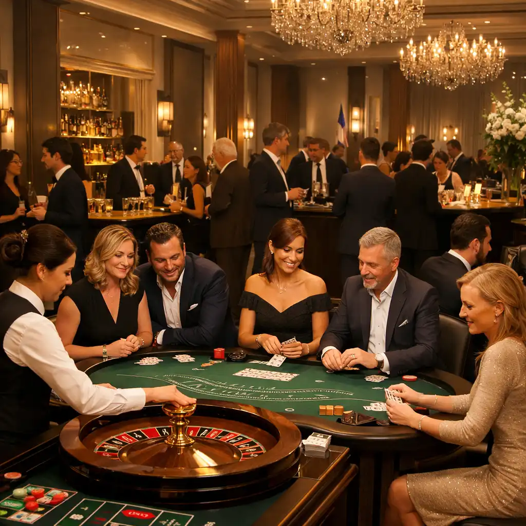 Soirée casino privée en entreprise avec tables de jeu élégantes et collaborateurs réunis