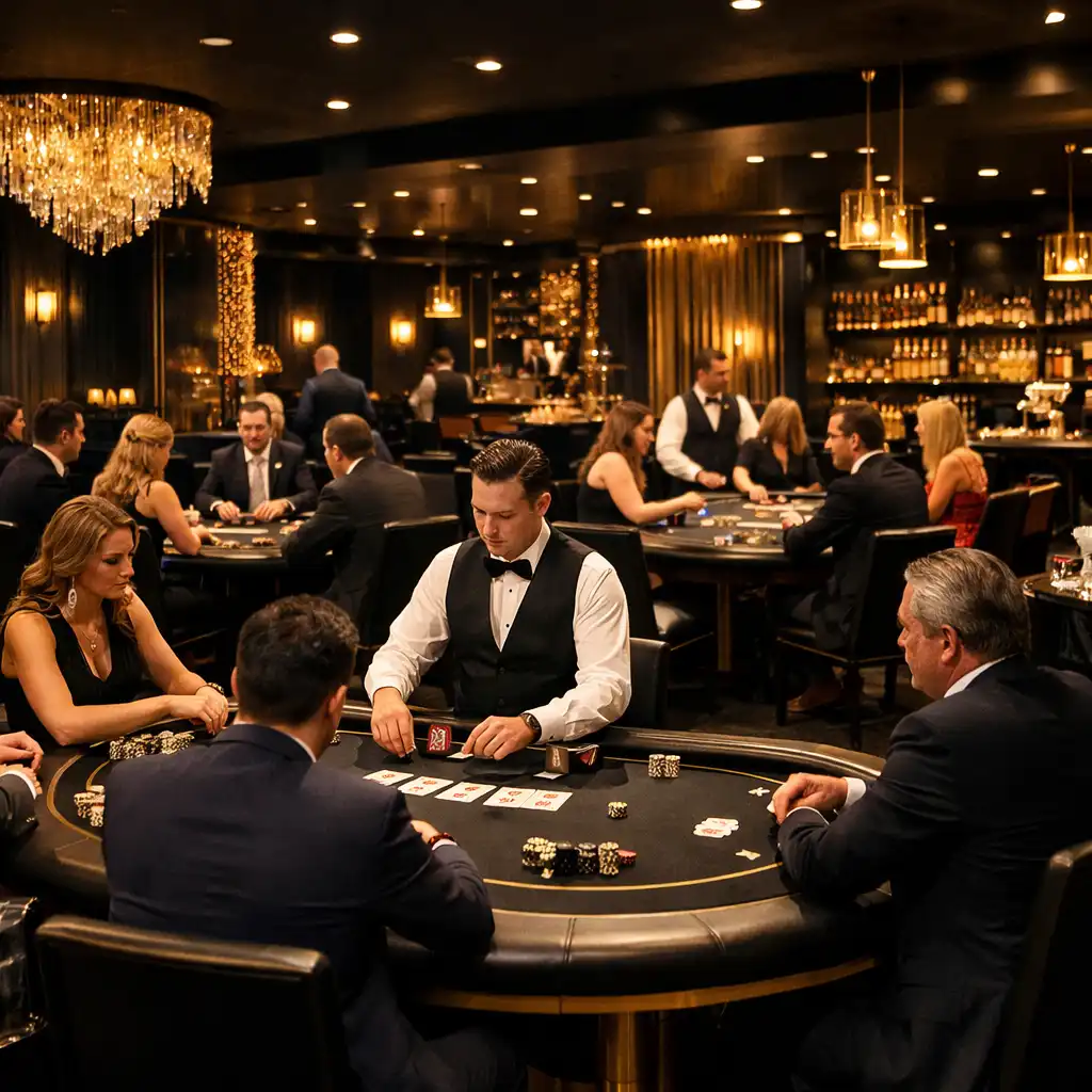 Table de poker élégante en entreprise avec croupier et collaborateurs concentrés