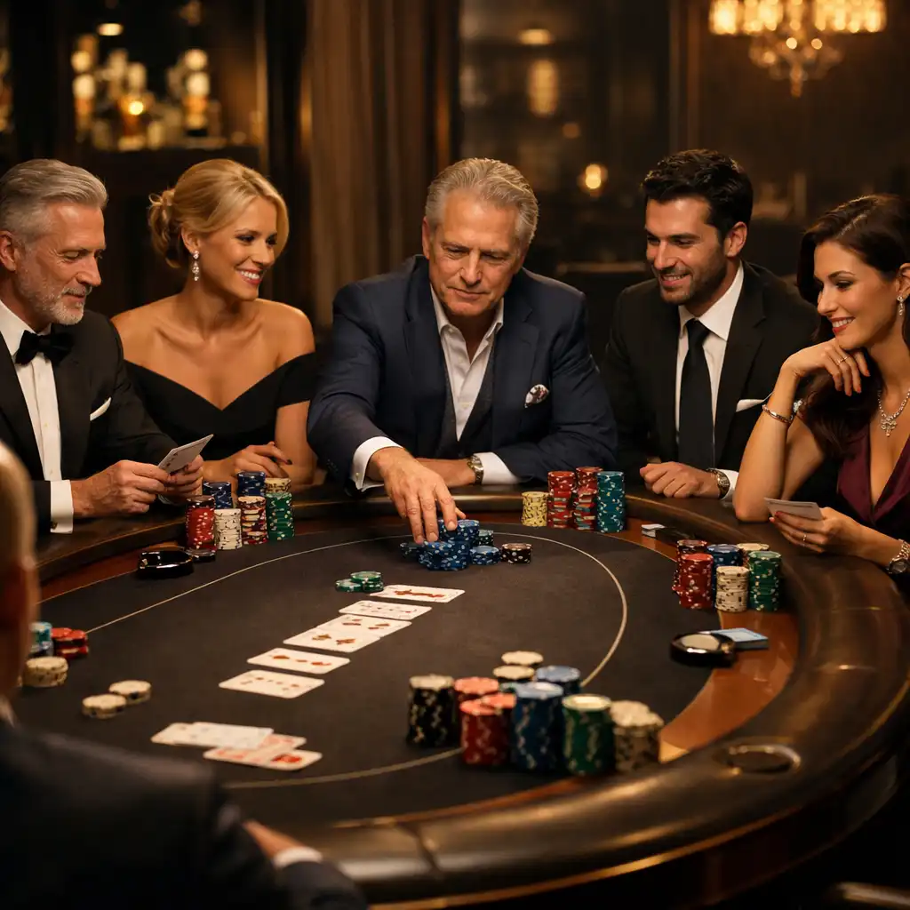 Table de poker VIP en entreprise avec dirigeants concentrés et ambiance feutrée