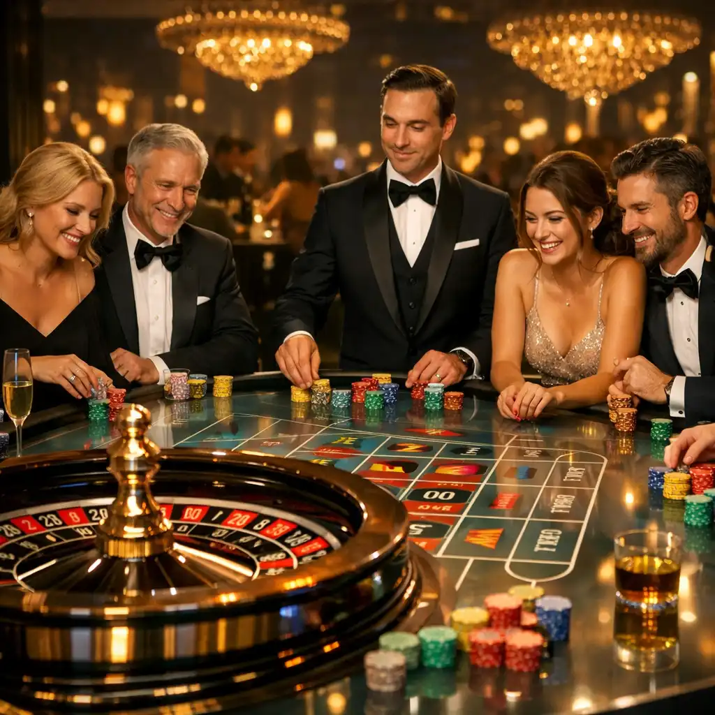 Table de roulette événementielle élégante avec croupier et invités