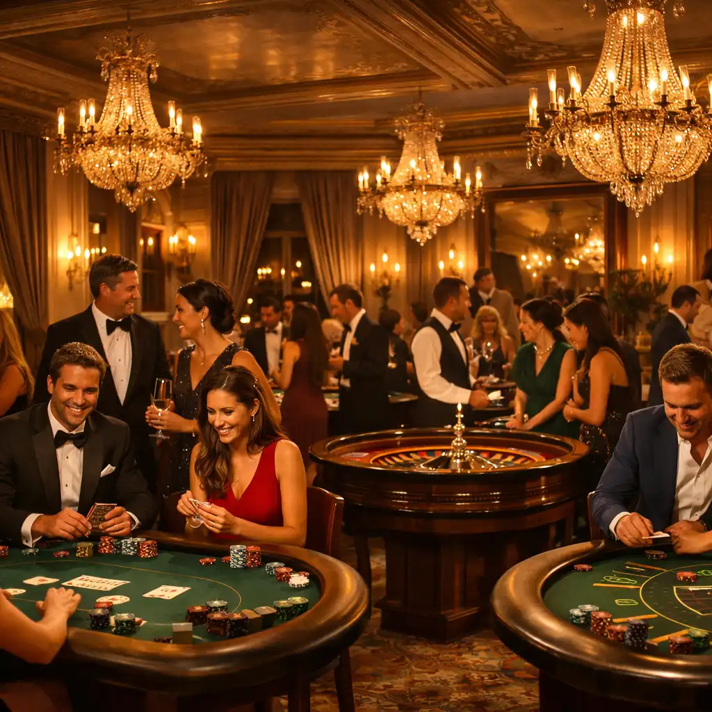 Ambiance feutrée d’une soirée casino privée avec tables de jeux éclairées et invités élégants
