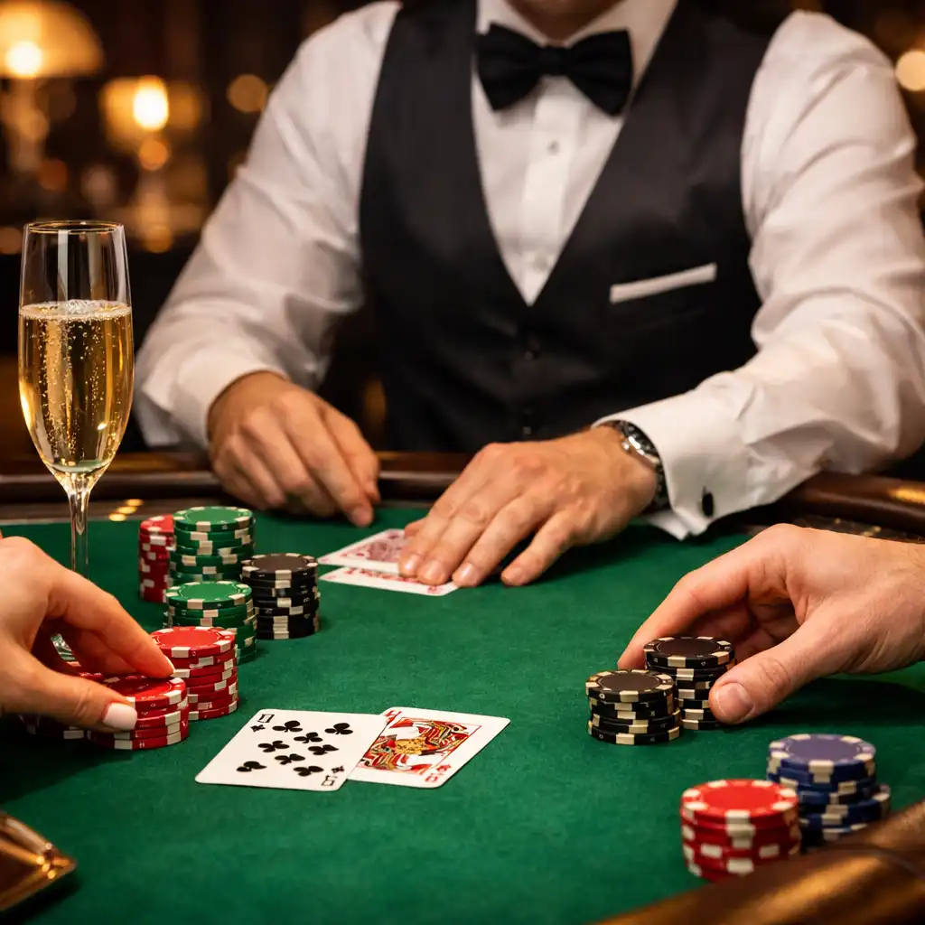 Soirée casino VIP avec tables de jeux et invités élégants