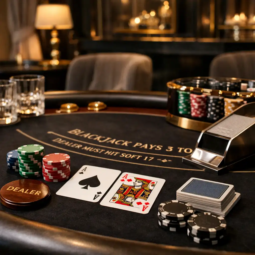 Tables de poker et blackjack installées pour une soirée casino privée raffinée