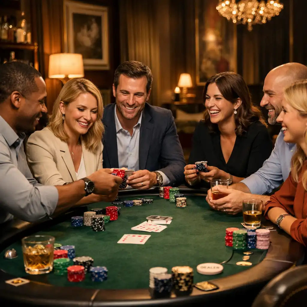 Team-building poker en entreprise avec collaborateurs réunis autour d’une table de jeu premium
