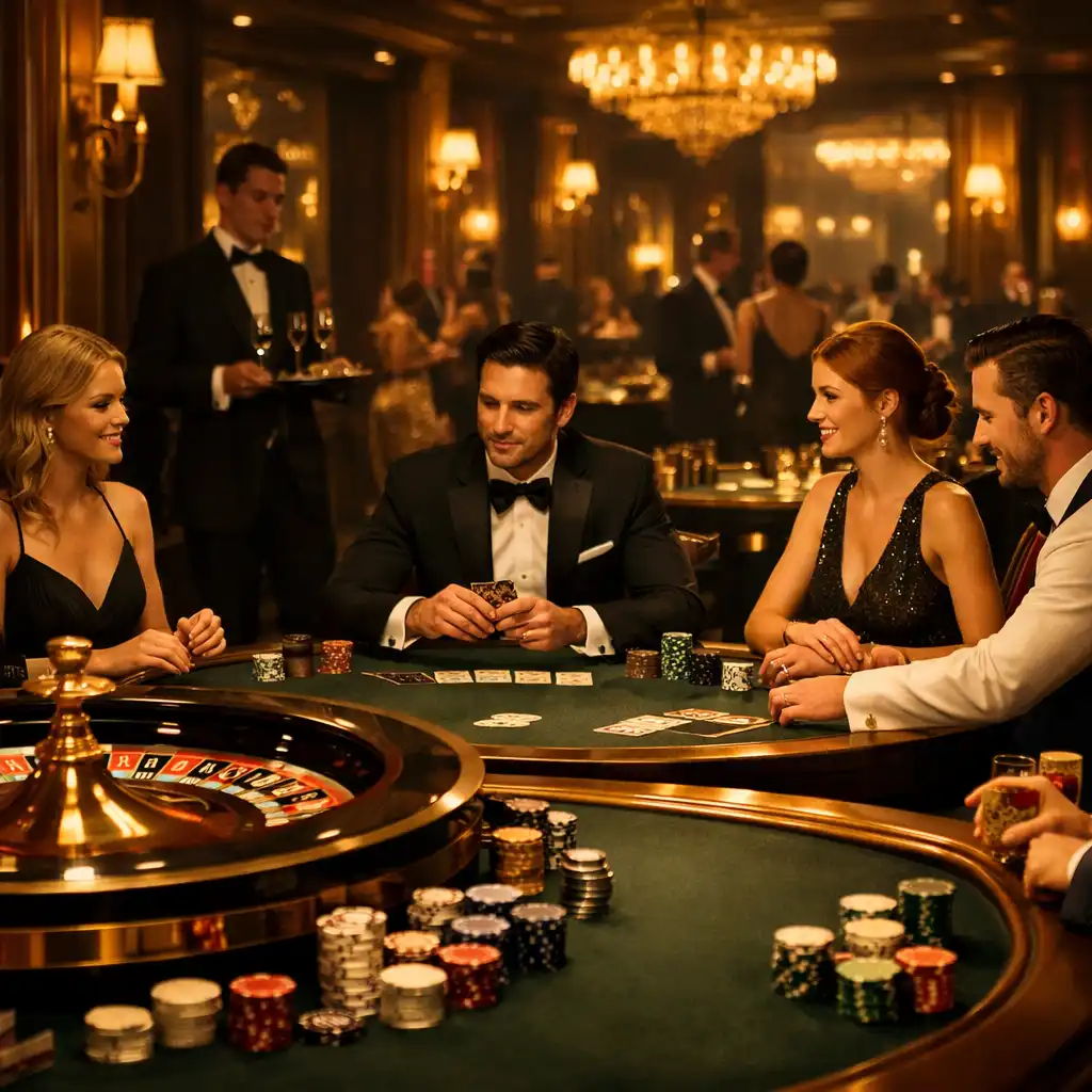 Ambiance d’un événement VIP Atelier Civique avec tables de jeux élégantes et lumière dorée